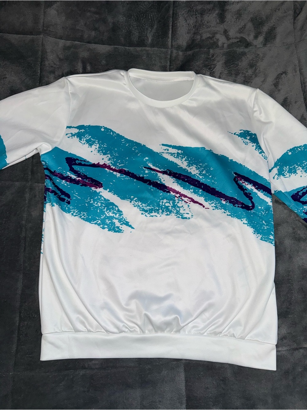 White Crewneck Sweater with Teal & Navy Wave Graphic